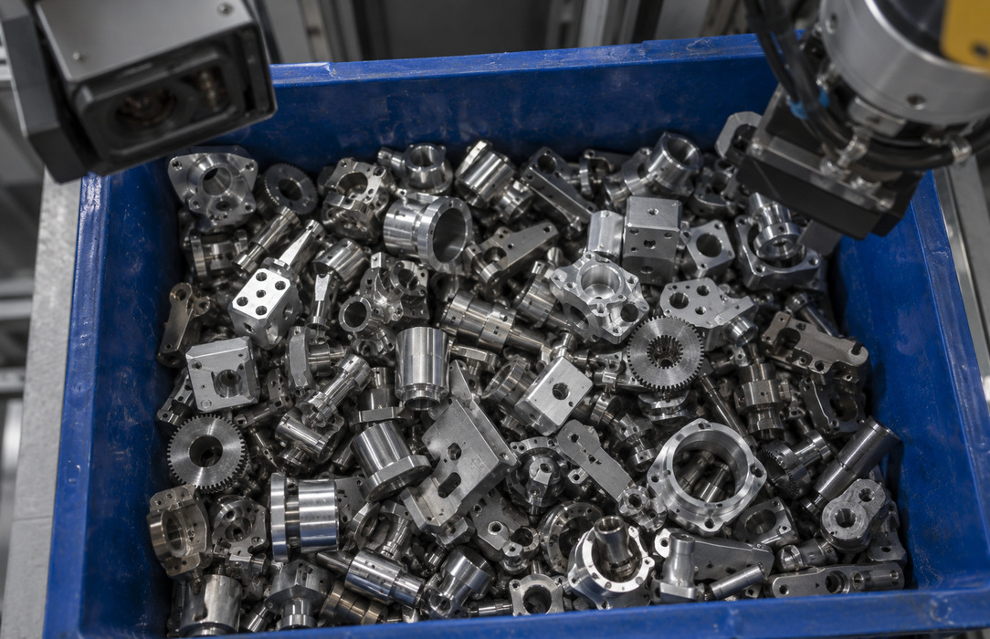 Top-down view of varied machined metal parts in a blue bin, with a depth camera and robot wrist positioned for vision-based picking.