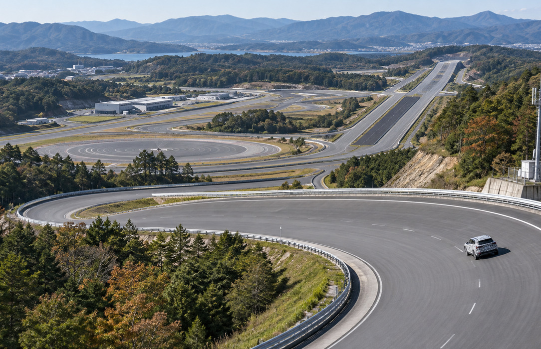 Elevated view of an expansive Japanese automotive test track showing the distance that private 5G coverage must span.