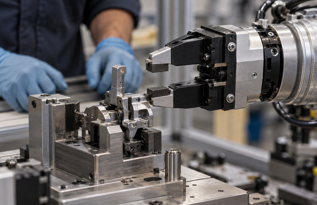 Close-up of a robotic gripper aligning with a complex metal component on a precision assembly fixture as a technician observes.