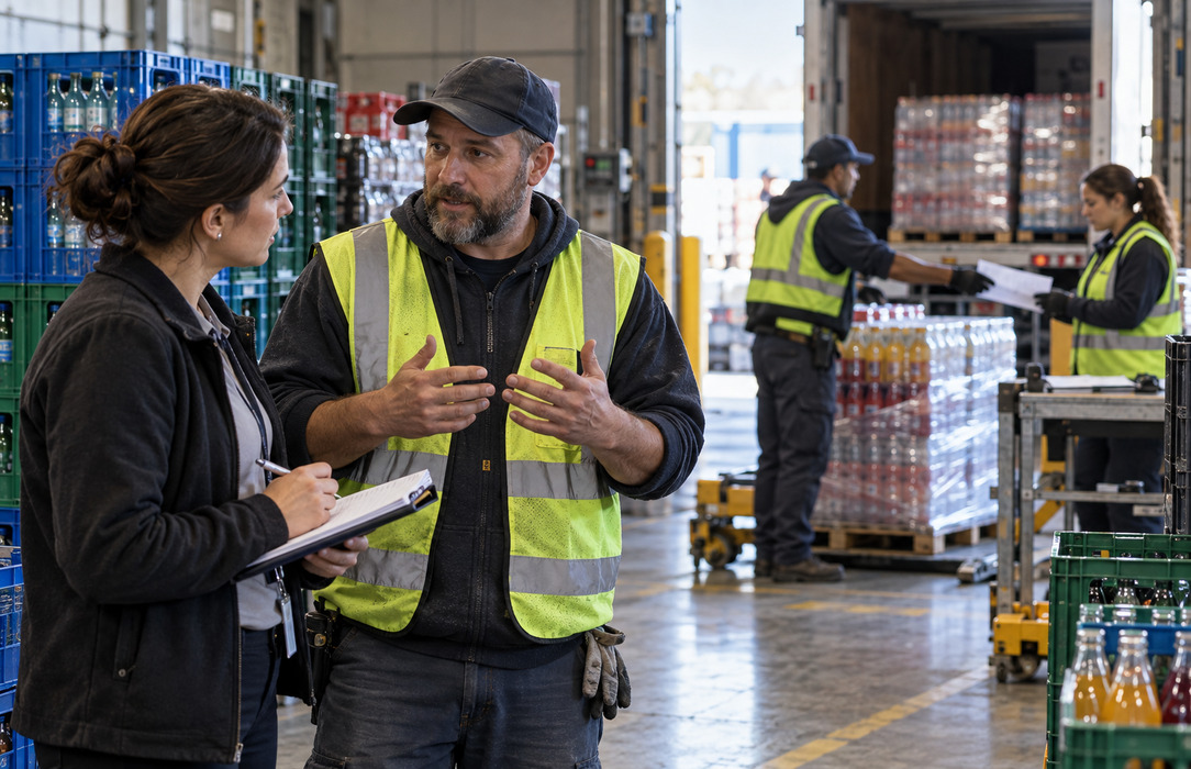 A business analyst speaks with a beverage logistics employee while observing a live handoff of paperwork, crates and palletized goods in the receiving area.
