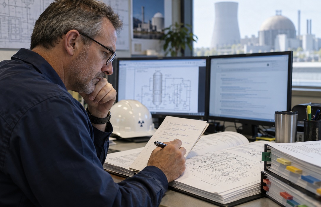 Engineer comparing a natural-language question with formal nuclear plant technical documentation.