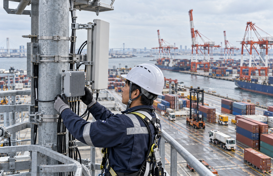 A port telecommunications technician inspects radio equipment on a lighting tower above an active Japanese container yard.