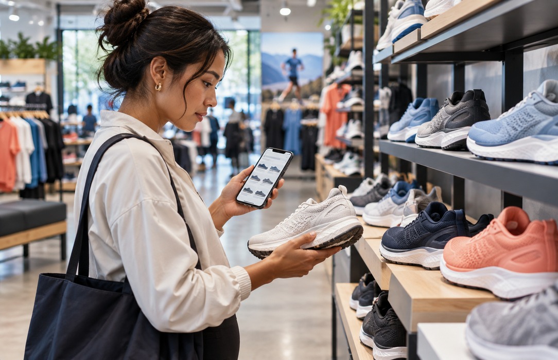 Shopper comparing unbranded running shoes with product search results on a smartphone inside a sports retail store.