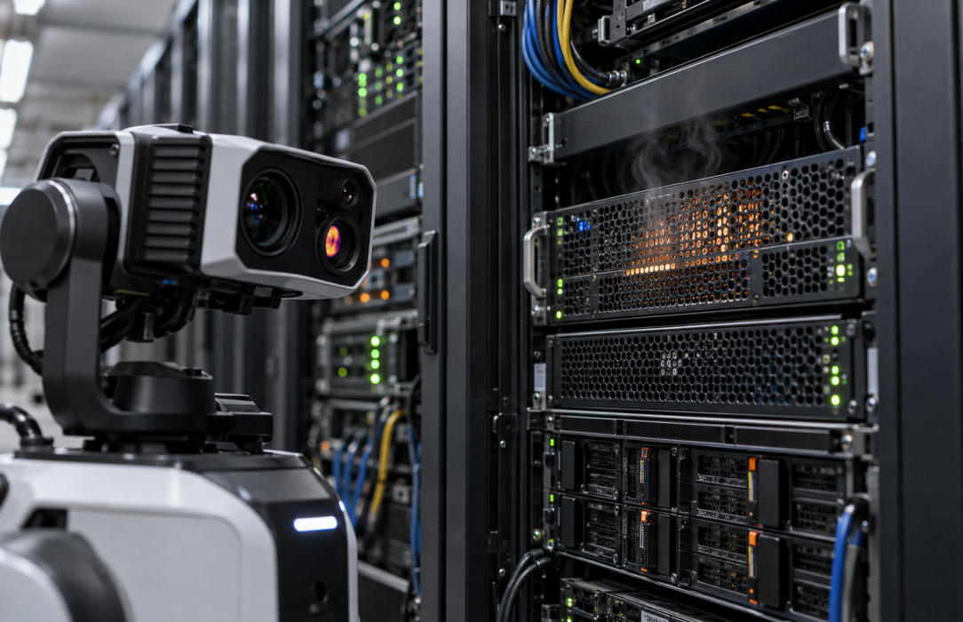 Robot-mounted camera and sensor array examining server equipment for visual, thermal and environmental anomalies.