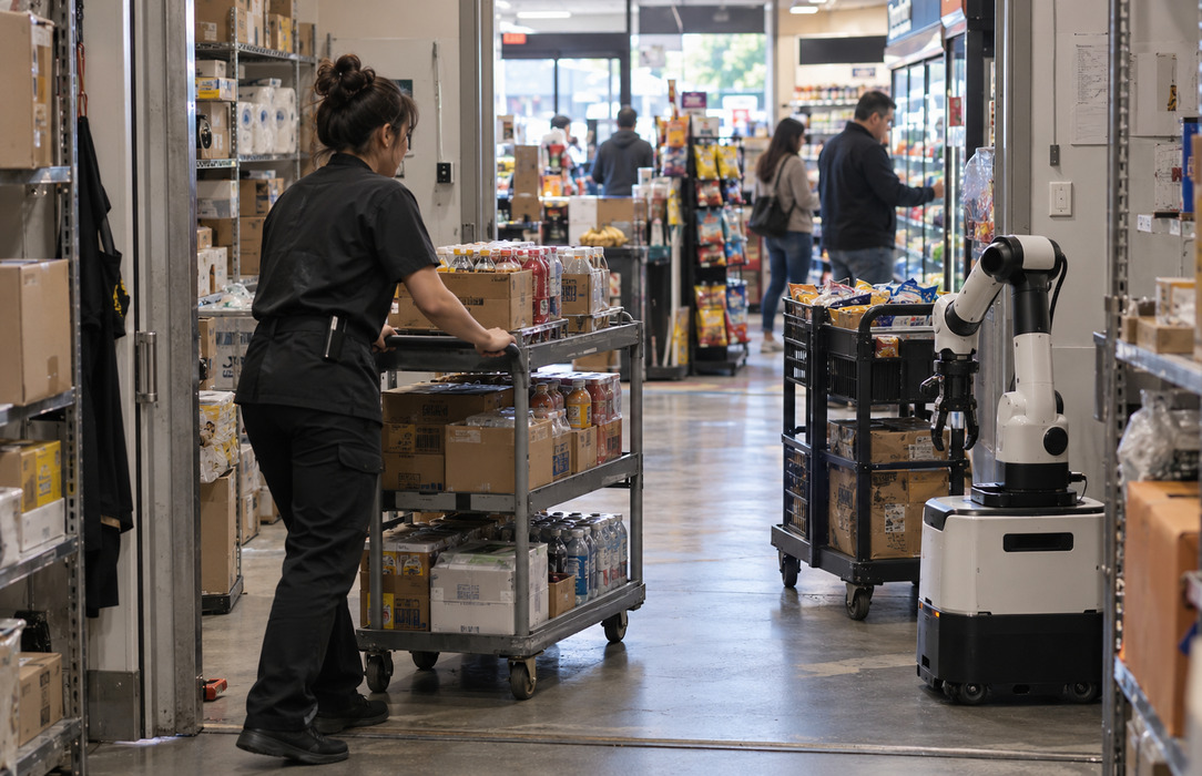 A store employee moves a loaded replenishment cart from the stockroom as a mobile robot waits beside another trolley near the sales floor.