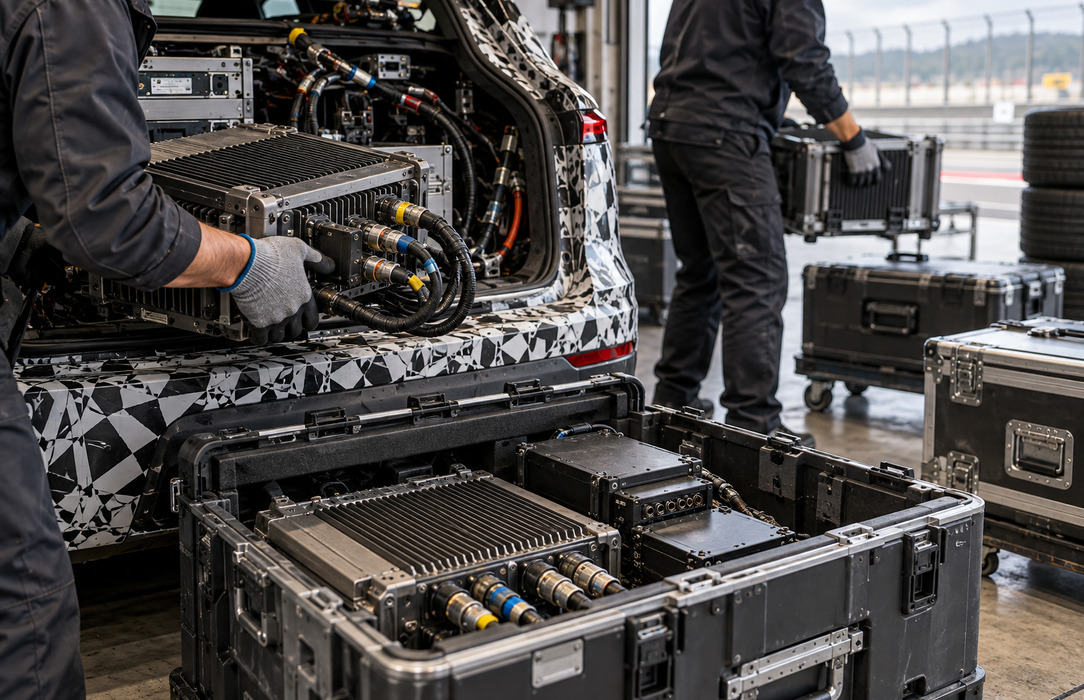 Engineers handling high-capacity data-recording equipment from a camouflaged autonomous test vehicle after a track session.