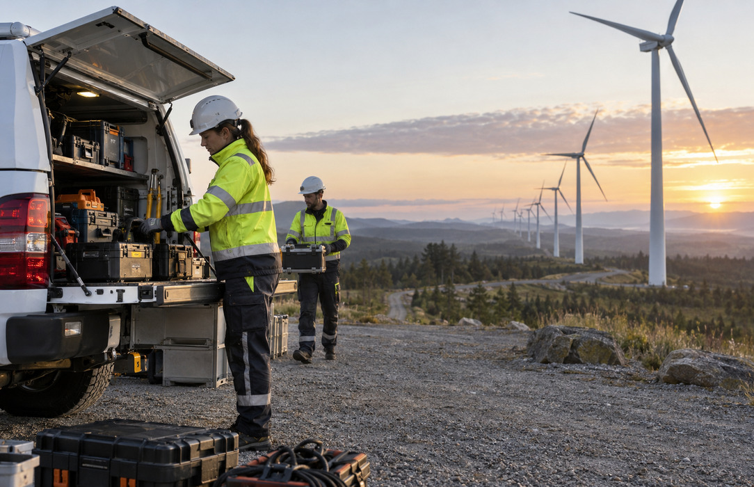 Wind technicians load tools and spare parts into a service vehicle at dawn before beginning field maintenance.