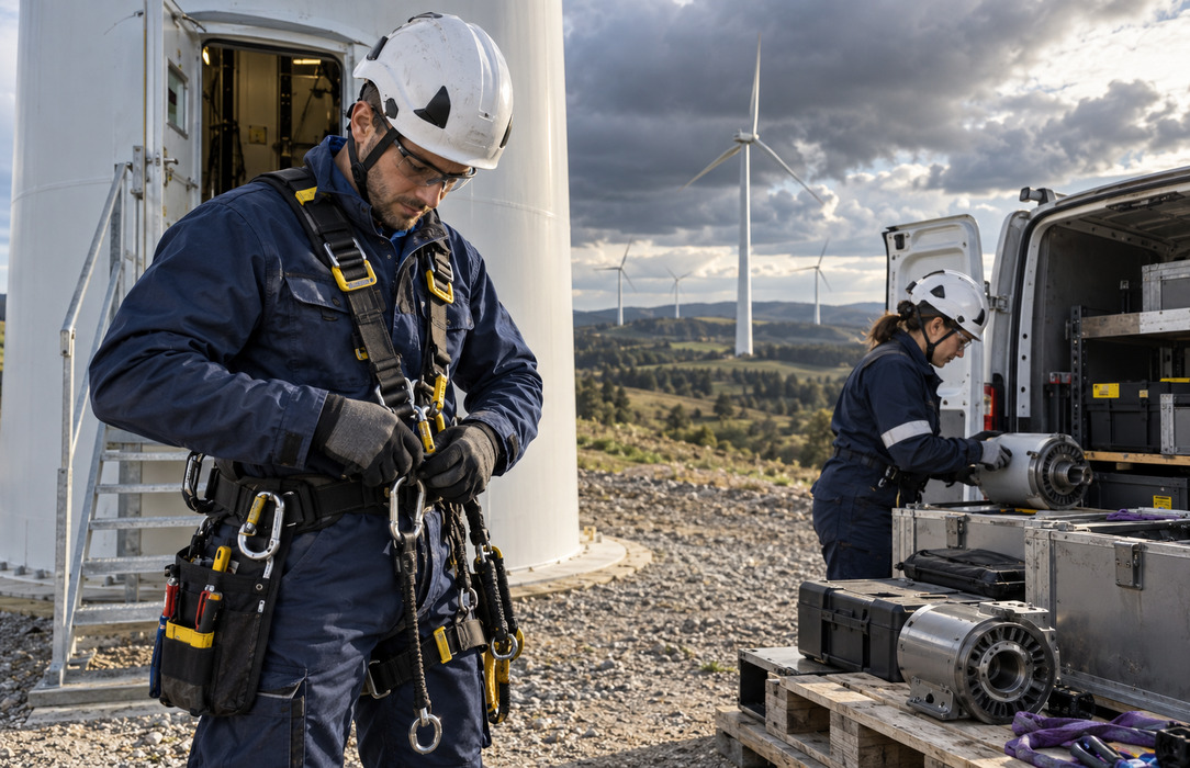 A wind technician checks climbing safety equipment while a colleague prepares specialist parts at the base of a turbine.