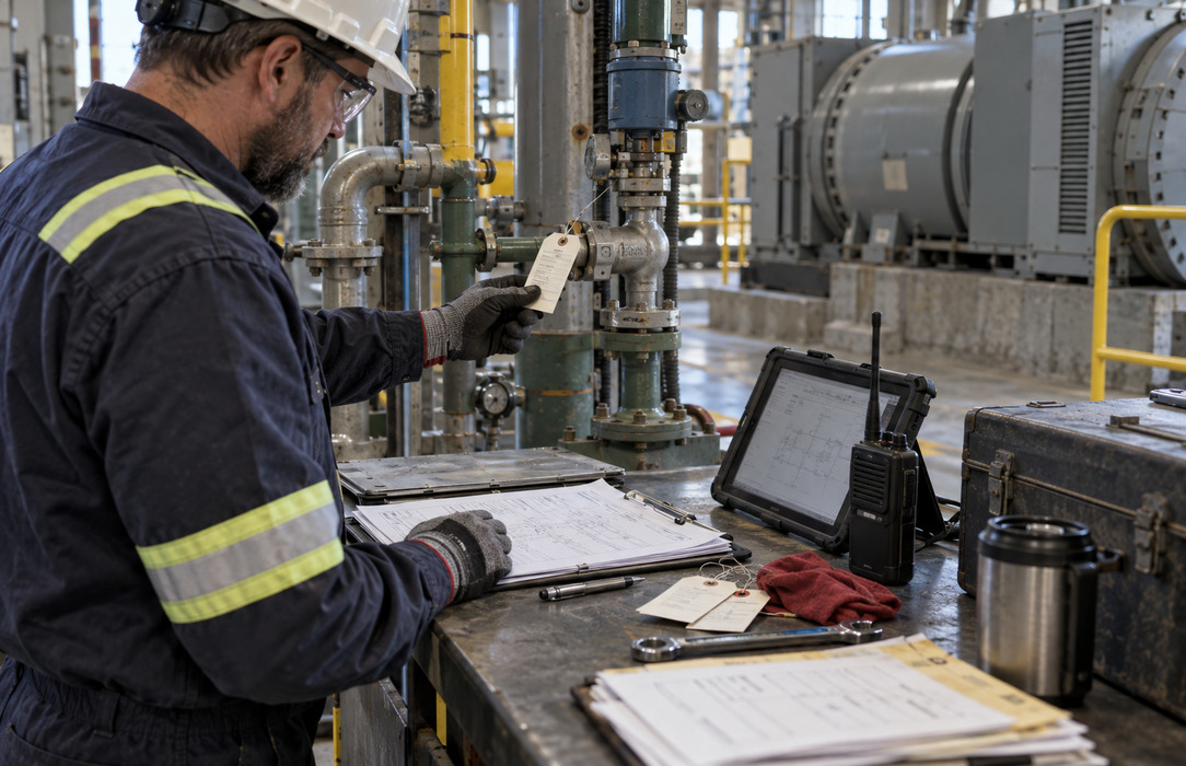 A generation facility technician compares an equipment tag with paper records and a rugged tablet in an industrial maintenance bay.
