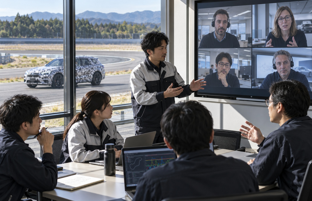 Automotive engineers in Japan collaborating with remote development specialists while a test vehicle runs on the proving ground outside.