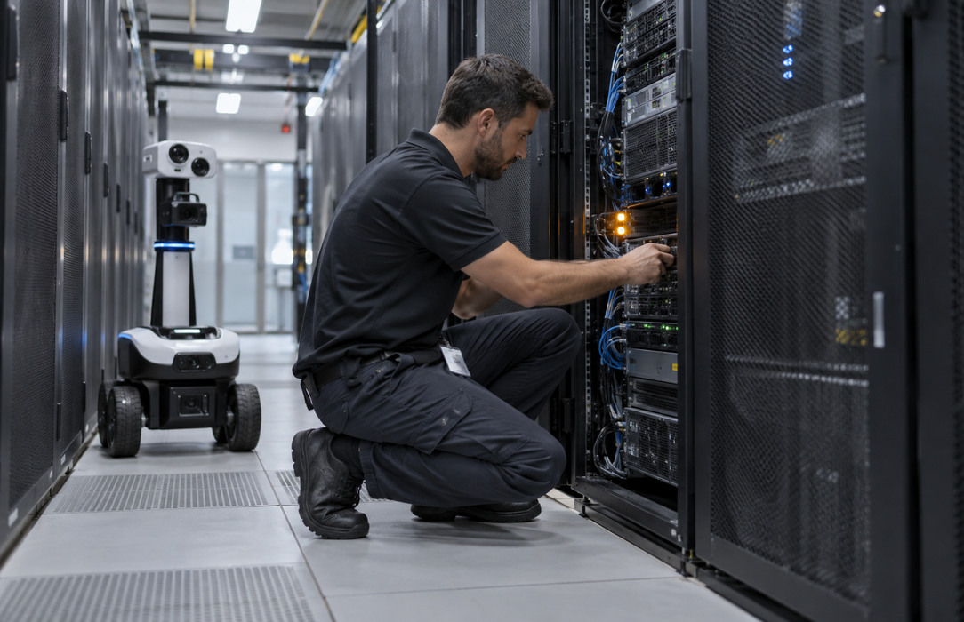 Technician responding to an amber equipment alert at a server rack while an inspection robot remains nearby.