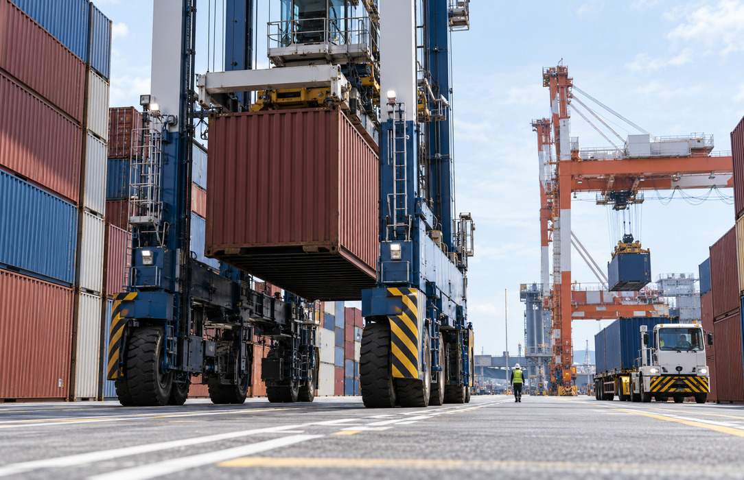 Low-angle view of a straddle carrier moving a container between stacks, with cranes and terminal vehicles operating in the background.