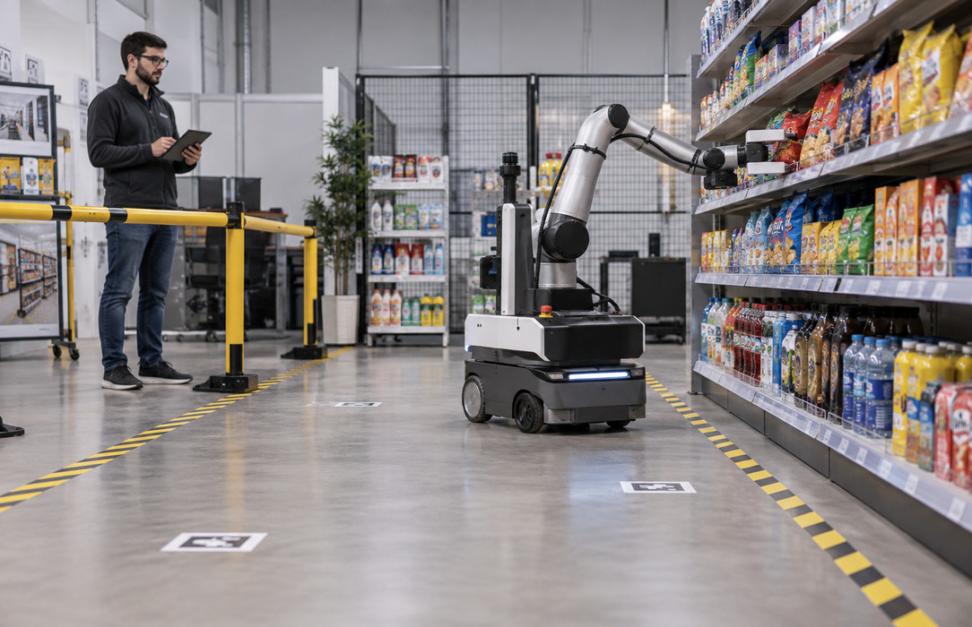 A robotics engineer observes a mobile manipulator being tested beside stocked retail shelves within a marked safety area in a store simulation environment.
