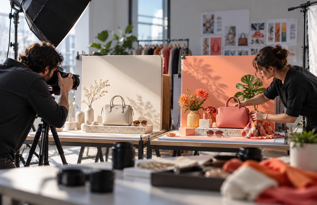 Retail content team preparing two alternative product photography sets, one neutral and one colorful, for campaign testing.