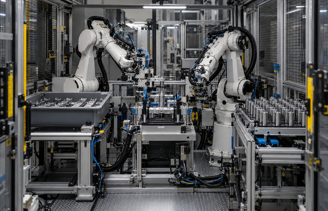 Two industrial robot arms share a tightly configured manufacturing cell with duplicated equipment, guarding and cabling.