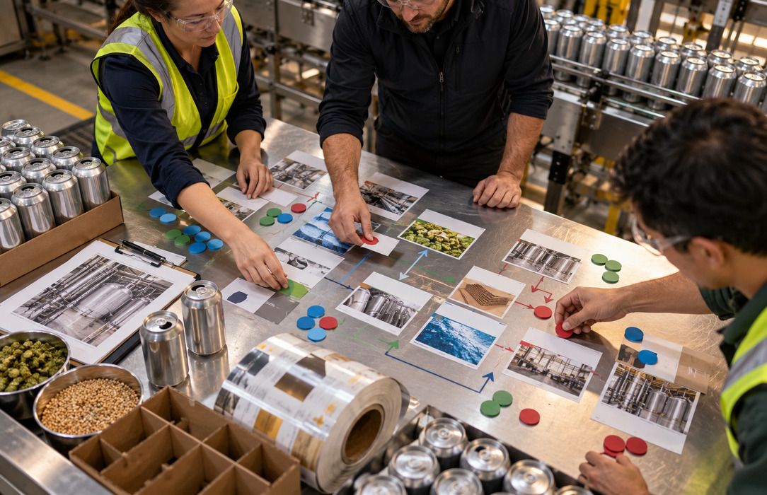 Cross-functional specialists sort process cards beside a beverage canning line, with sample cans and packaging materials anchoring the prioritization discussion.