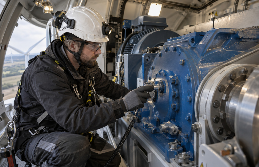 A wind turbine technician uses a handheld vibration sensor to inspect gearbox condition inside the nacelle.