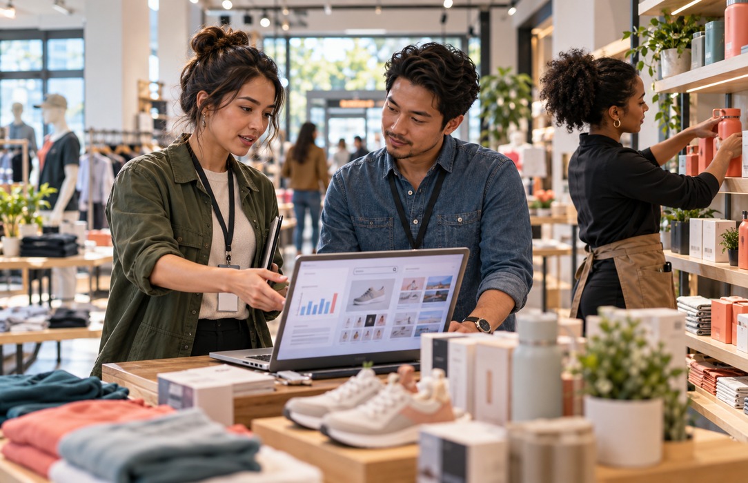 Campaign specialist and visual merchandiser reviewing digital product performance beside an active retail display and store team.
