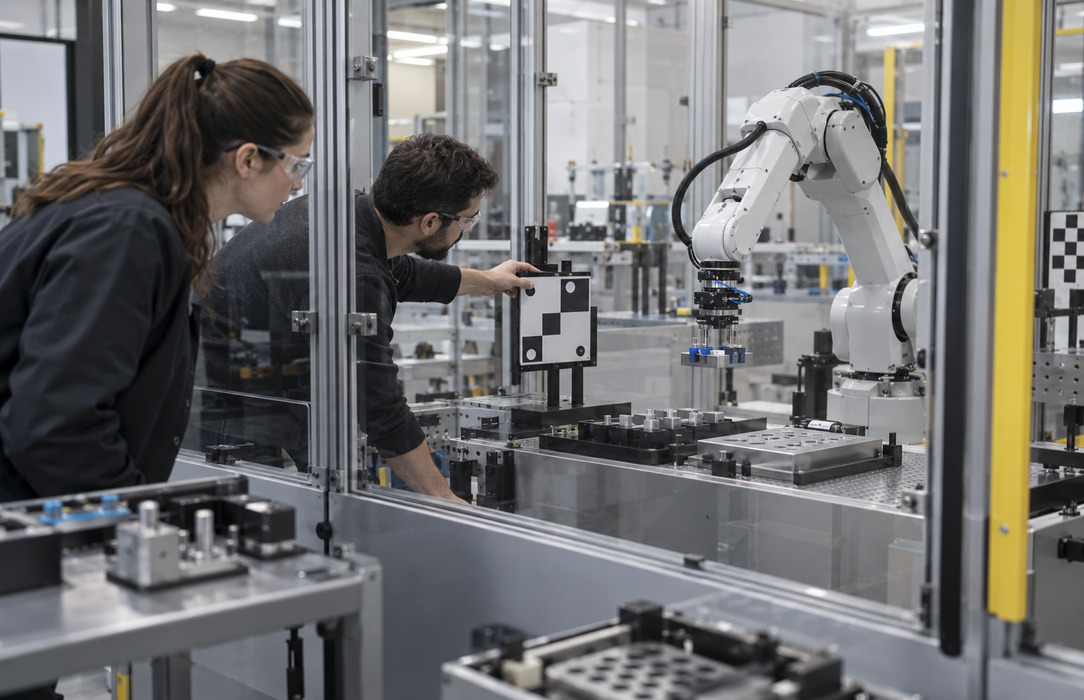 Two robotics engineers validate a pick-and-place cell in a laboratory using calibration targets and physical test fixtures.