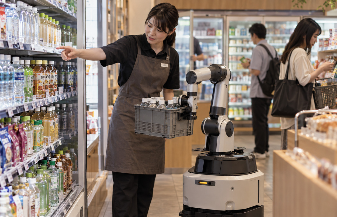 A convenience-store employee gestures toward a drinks shelf beside a mobile robot carrying a crate, with shoppers visible farther along the aisle.