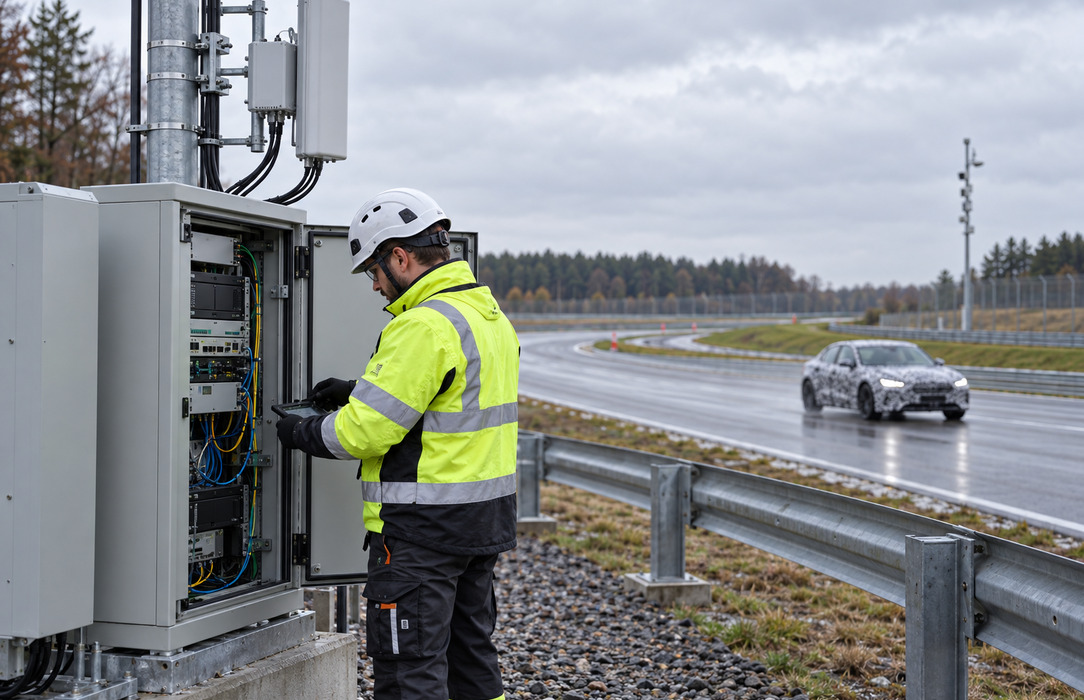 Network specialist maintaining private 5G equipment beside an automotive test track as a development vehicle passes in the background.