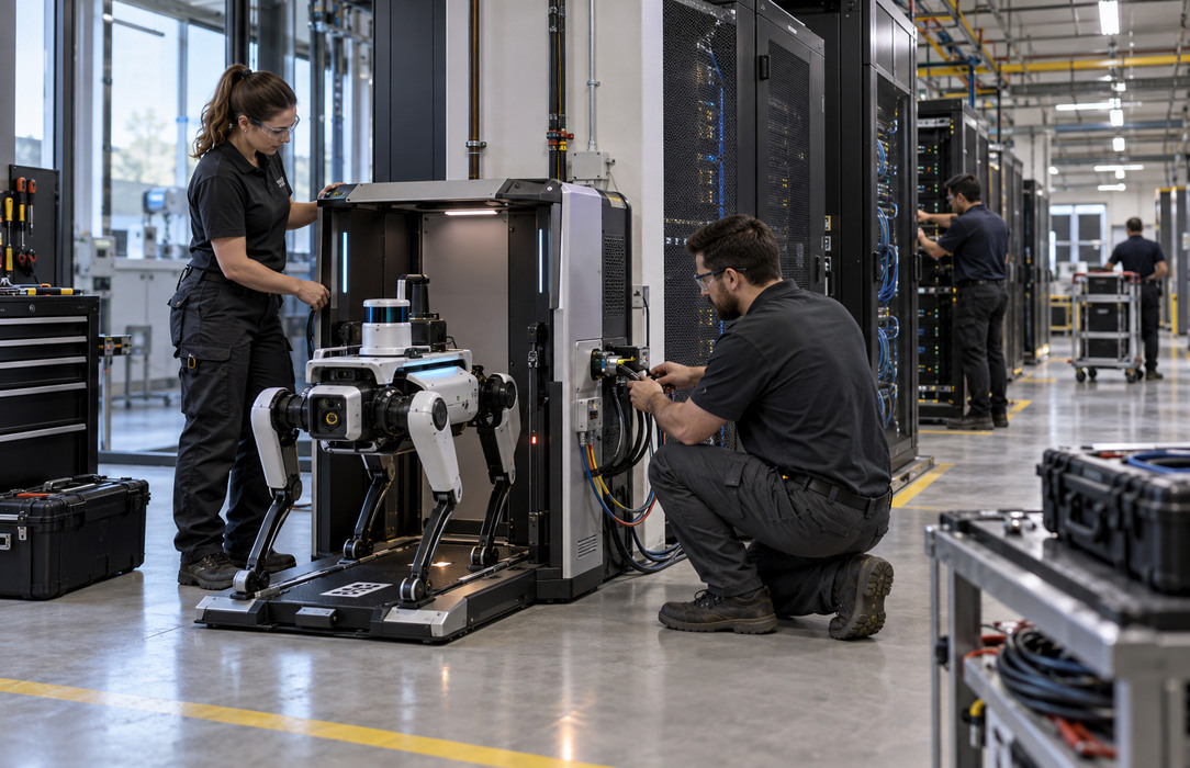 Technicians connecting an autonomous inspection robot to a service and data docking station inside a data center.