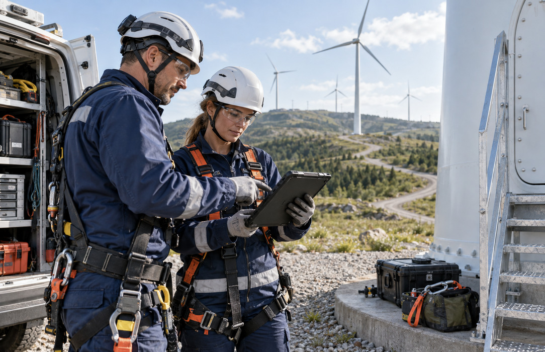 Two wind technicians review a maintenance schedule on a rugged tablet beside equipment and an onshore turbine.