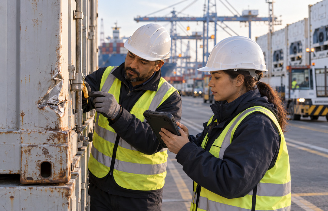 Two port specialists inspect damage on a shipping container and document the finding with a rugged handheld device in a working terminal.