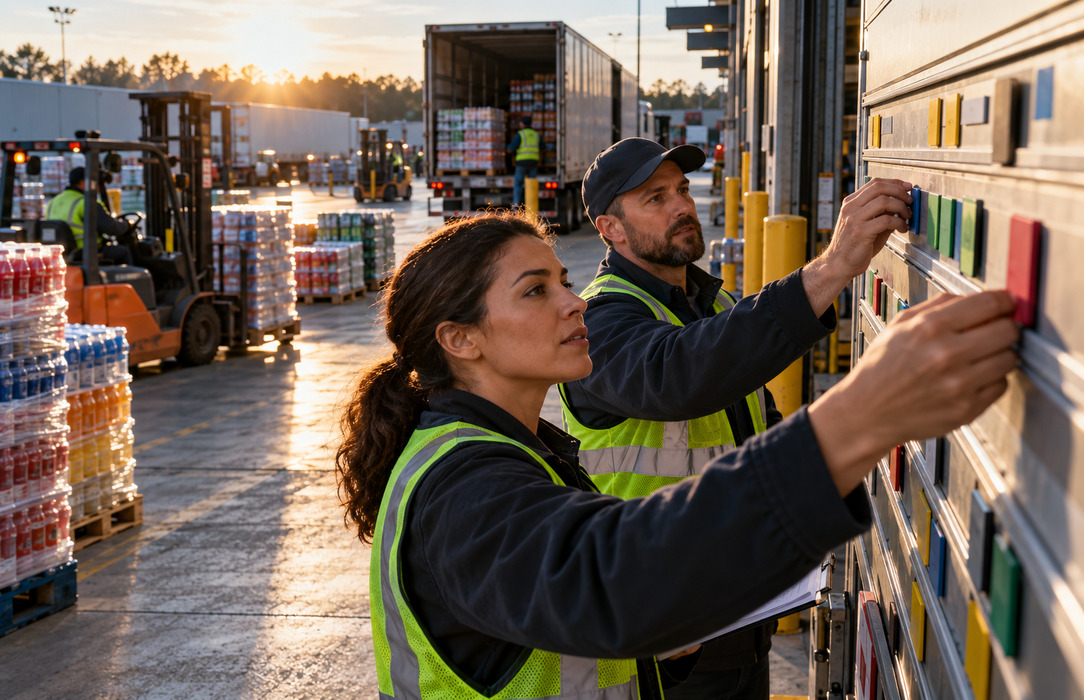 An operations lead and shared-services planner sequence physical task markers beside beverage pallets, forklifts and loading bays in a distribution yard.