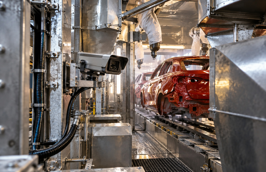 Industrial camera mounted among metal structures and finishing equipment inside an automotive paint inspection environment