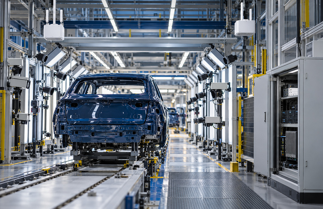 Automotive inspection line with distributed camera stations, private cellular radio units and local edge equipment supporting continuous operation