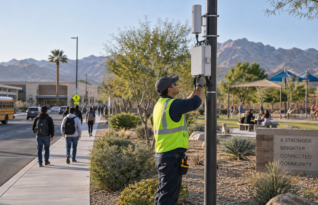 A Las Vegas community park and neighborhood street with outdoor network infrastructure, representing wireless expansion for connected city services