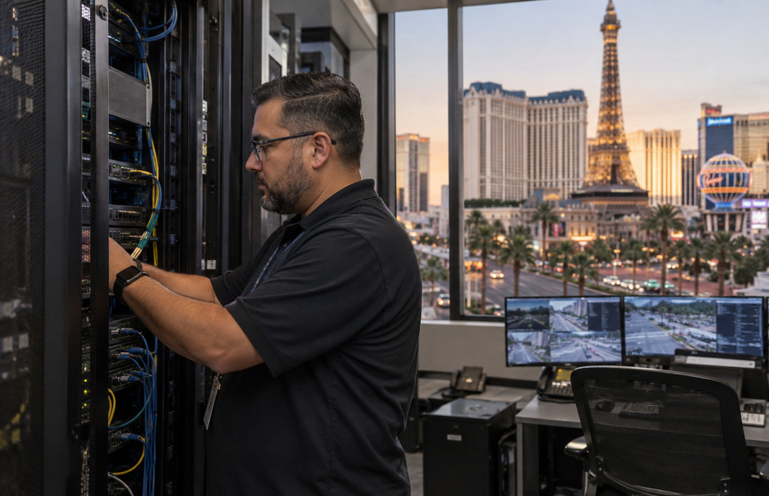 A municipal technology infrastructure setting with network equipment, representing secure processing and storage for smart city data