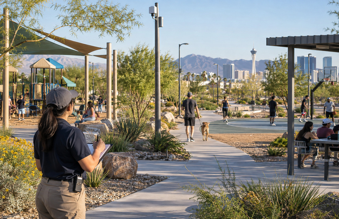 A Las Vegas smart park with residents using public amenities and a parks employee observing, representing data-informed planning for public spaces