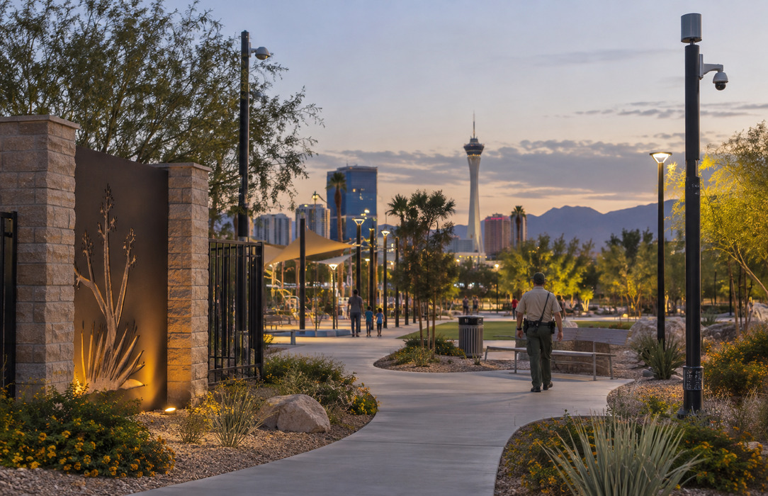 A Las Vegas public park with discreet sensors and a municipal employee observing space usage, representing continuous visibility across public spaces