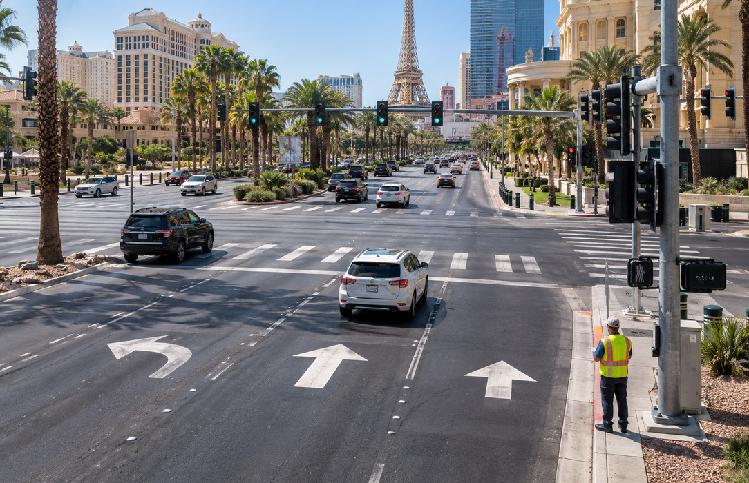 A Las Vegas street intersection with directional road markings and roadside infrastructure, representing the challenge of detecting wrong-way driving risks