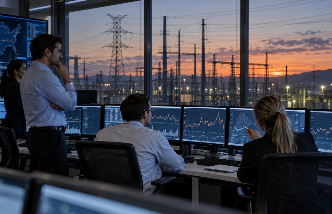 Energy trading team reviewing electricity market scenarios with grid infrastructure visible in the background.