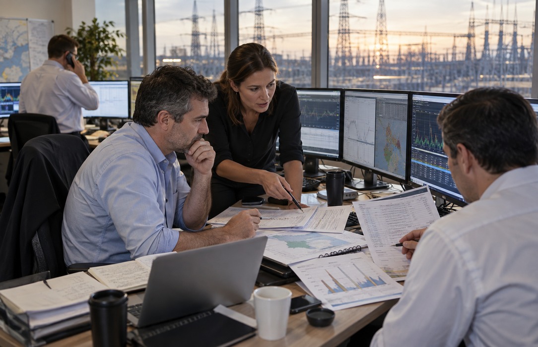 Electricity trading desk with separated planning materials and screens representing fragmented bid assumptions.