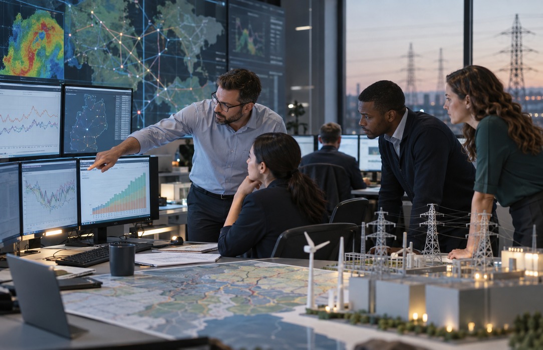 Utility analytics team reviewing electricity demand, weather and grid signals for pool-price forecasting.