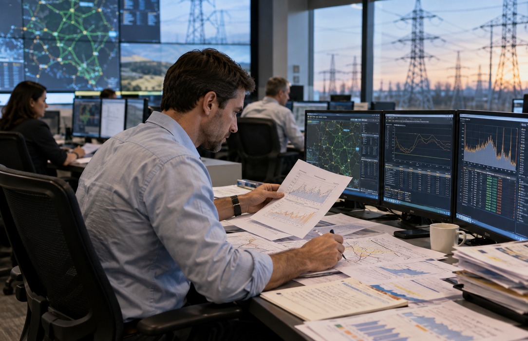 Energy management desk with bid planning materials used to compare and update electricity market scenarios.