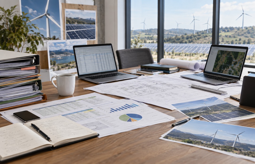 Renewable project files and planning materials from different sources, illustrating fragmented information across systems and formats.