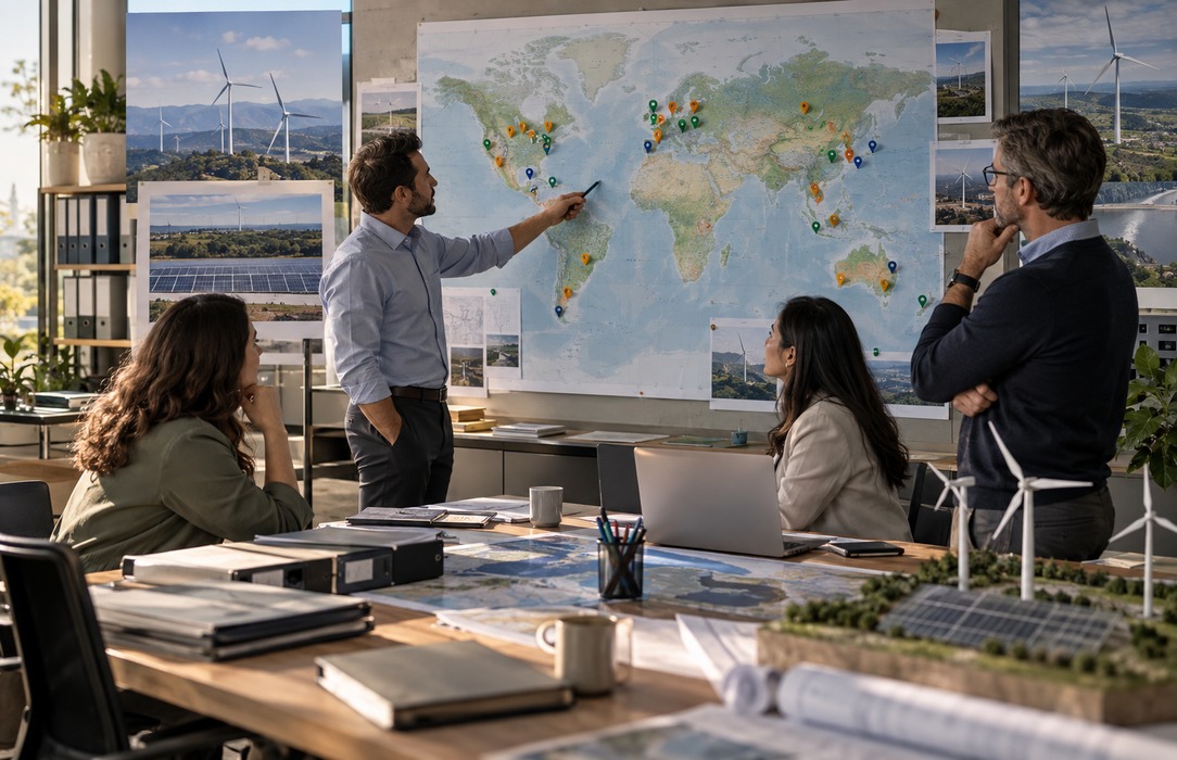 Renewable energy planning space with regional project maps, showing the challenge of consolidating global capital-project visibility.