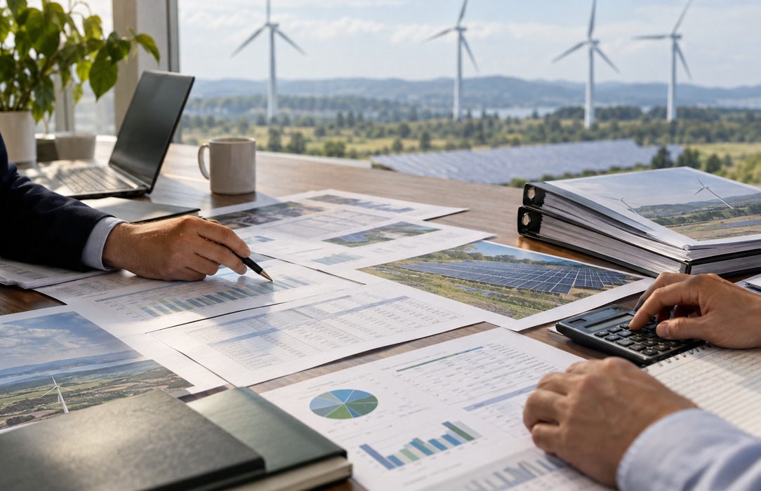 Energy investment planning desk with scenario sheets and renewable site references, showing manual preparation of investment assumptions.