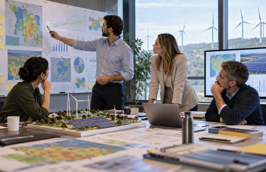 Renewable investment planning room with timelines and assumptions, representing the need for consistent scenario analysis.