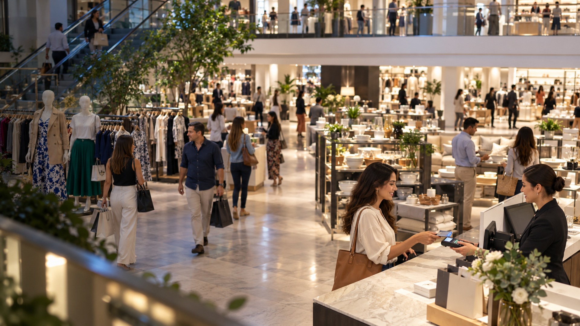 Wide view of a contemporary department store, with shoppers across several departments and a customer paying by card at a checkout.