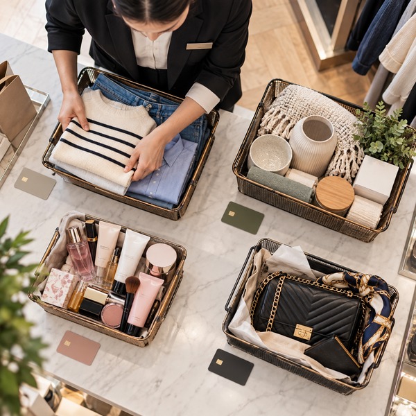 Store associate sorts four distinct product baskets with neutral payment cards to represent customer segmentation by value and propensity.