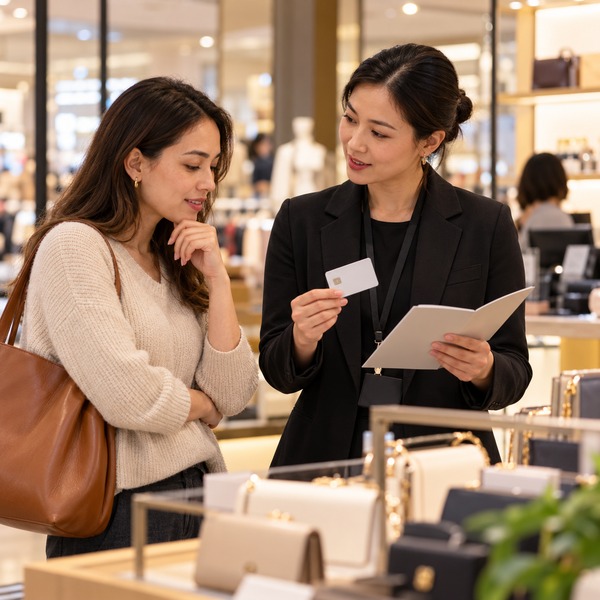 Department store associate presents a neutral payment card and offer folder to a customer beside a handbag display.