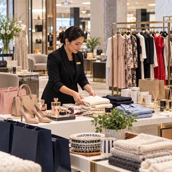 Associate prepares product selections at different price tiers in a department store personal-shopping area.
