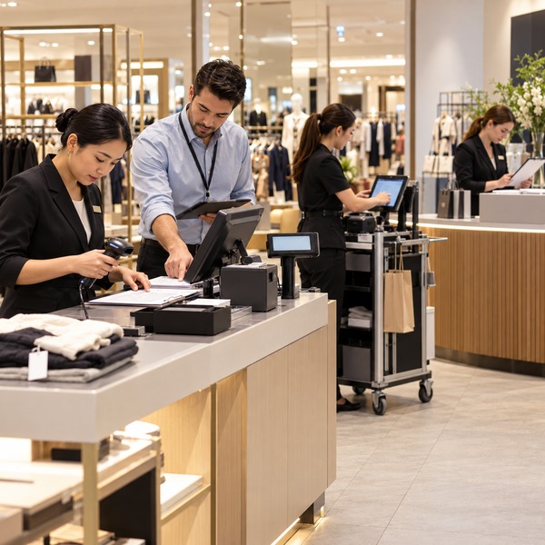 Retail staff prepare checkout and service stations before opening to support controlled card-acquisition pilots.