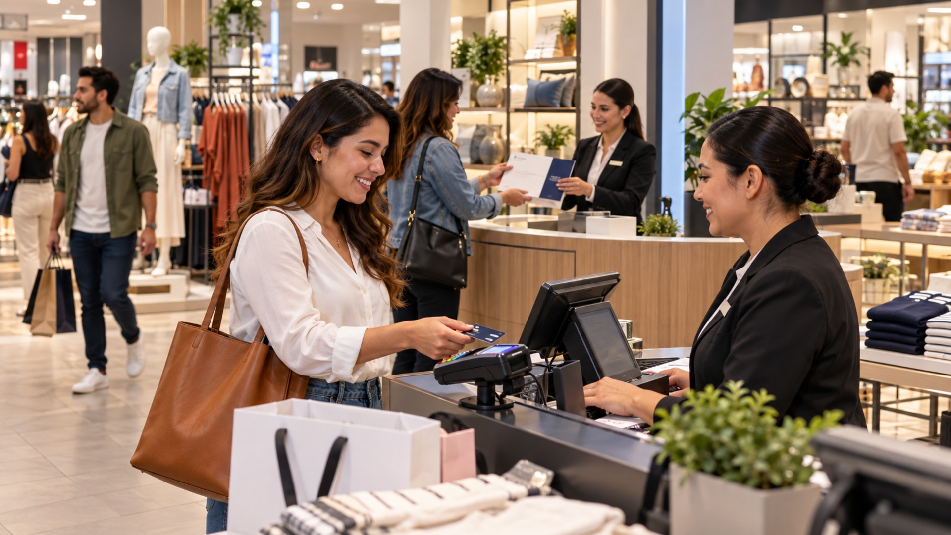 Store associate sorts four distinct product baskets with neutral payment cards to represent customer segmentation by value and propensity.